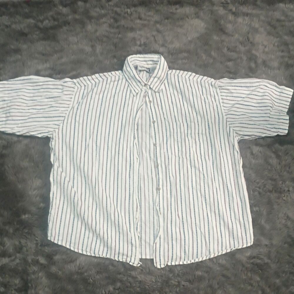 VINTAGE Krazy Kat White Blue Pink Striped Short Sleeve Button-Up Point Collar L